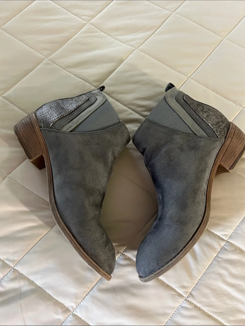 Grey Suede Chelsea Ankle Booties with Textured Heel